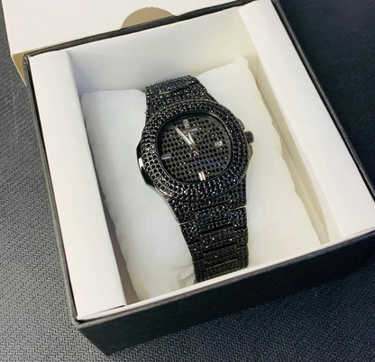 NEW Watch Collection Black Stone / Blacked Iced Out Stain-Less Steel Chain Watch For Mens Fashion (Black Without Box)