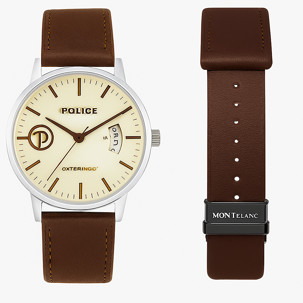 Police Watch – Elegant Design with Date Display | Leather Strap | Quartz Movement | Water Resistant - Black Strap with Black Dial OLD Money