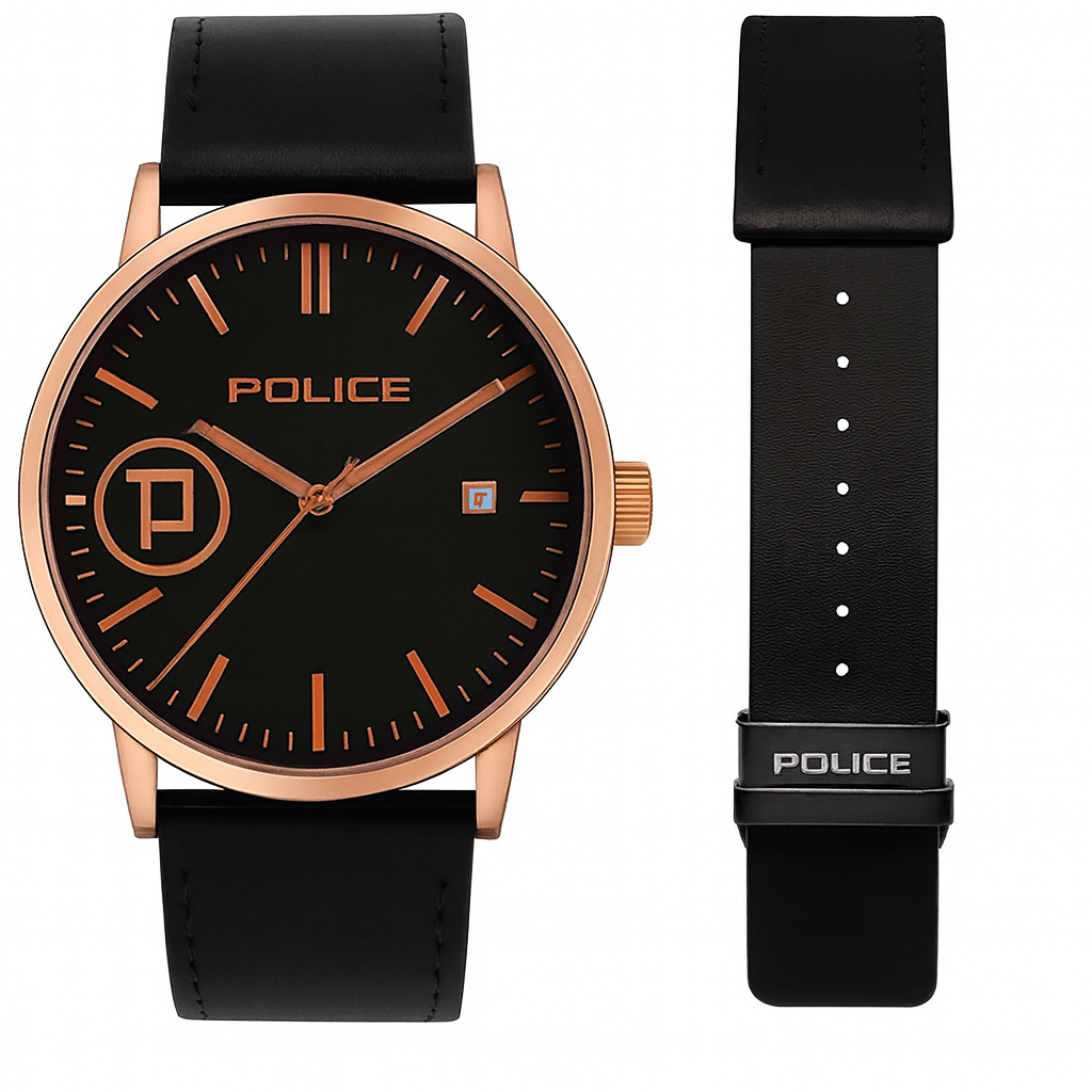 Police Watch – Elegant Design with Date Display | Leather Strap | Quartz Movement | Water Resistant - Black Strap with Black Dial OLD Money