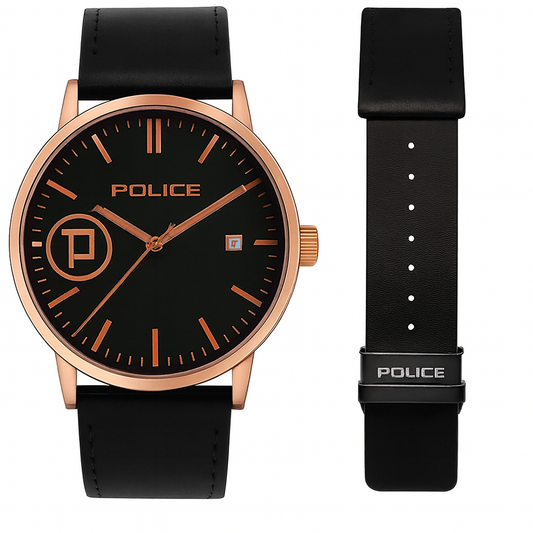 Police Watch – Elegant Design with Date Display | Leather Strap | Quartz Movement | Water Resistant - Black Strap with Black Dial OLD Money