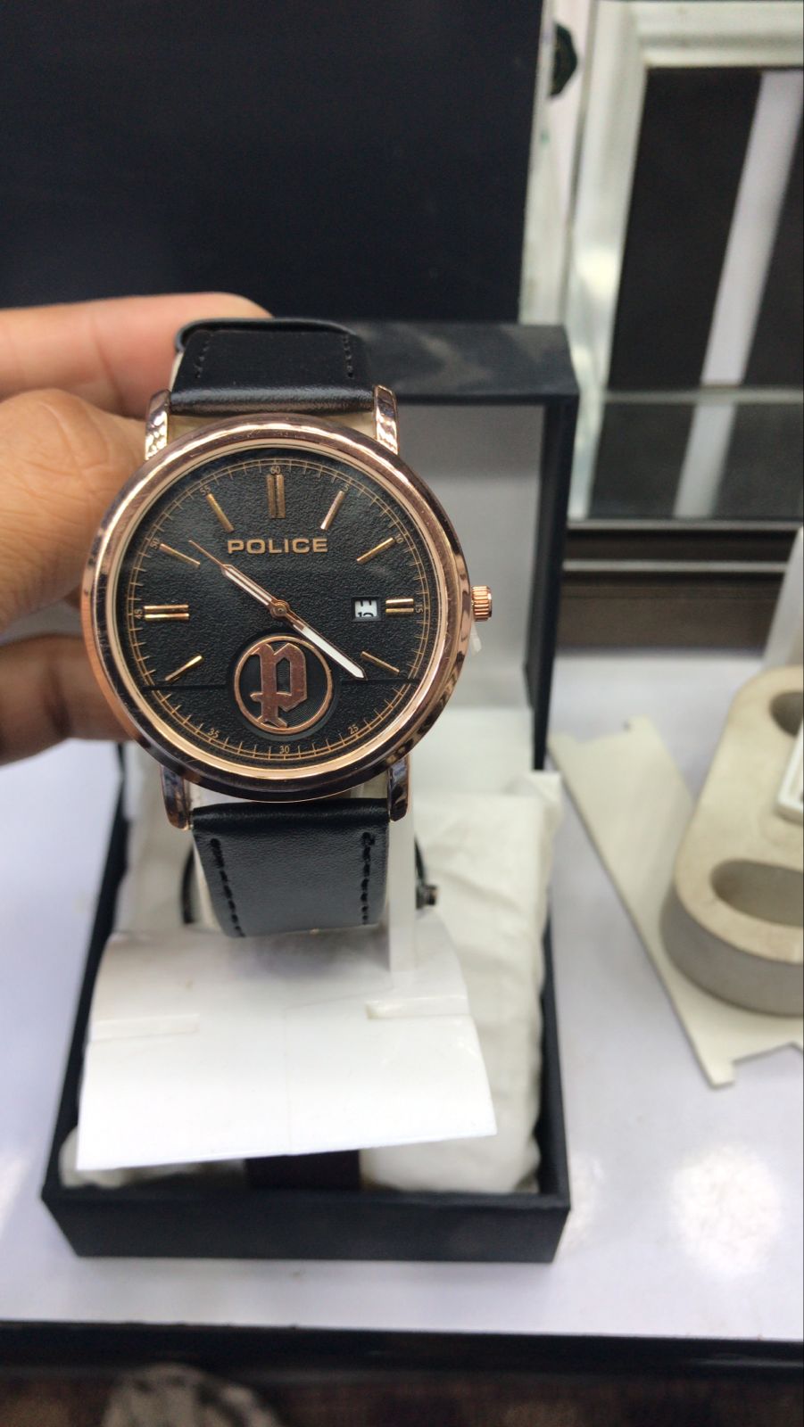 Police Watch – Elegant Design with Date Display | Leather Strap | Quartz Movement | Water Resistant - Black Strap with Black Dial OLD Money
