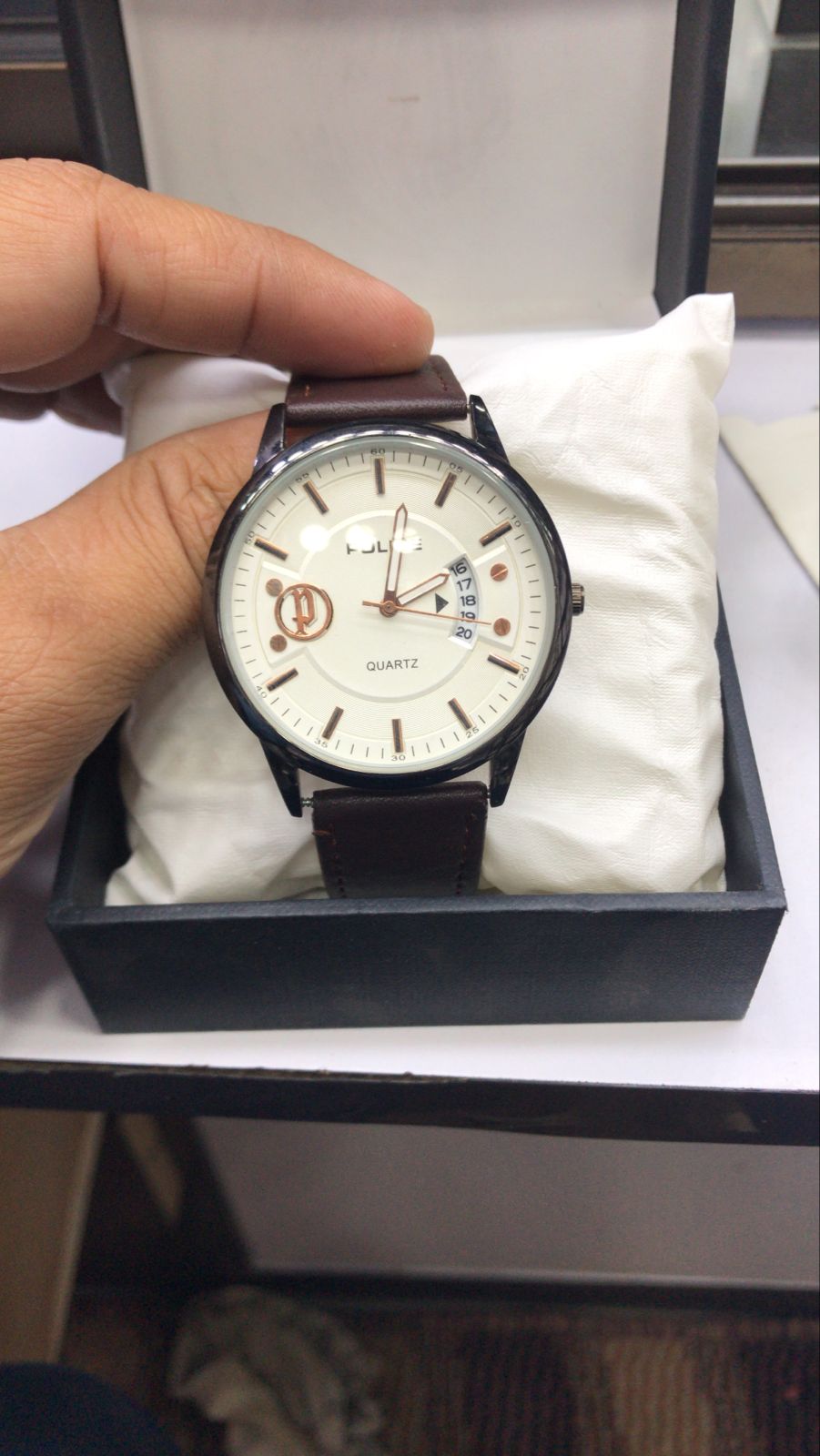 Police Watch – Elegant Design with Date Display | Leather Strap | Quartz Movement | Water Resistant - Black Strap with Black Dial OLD Money