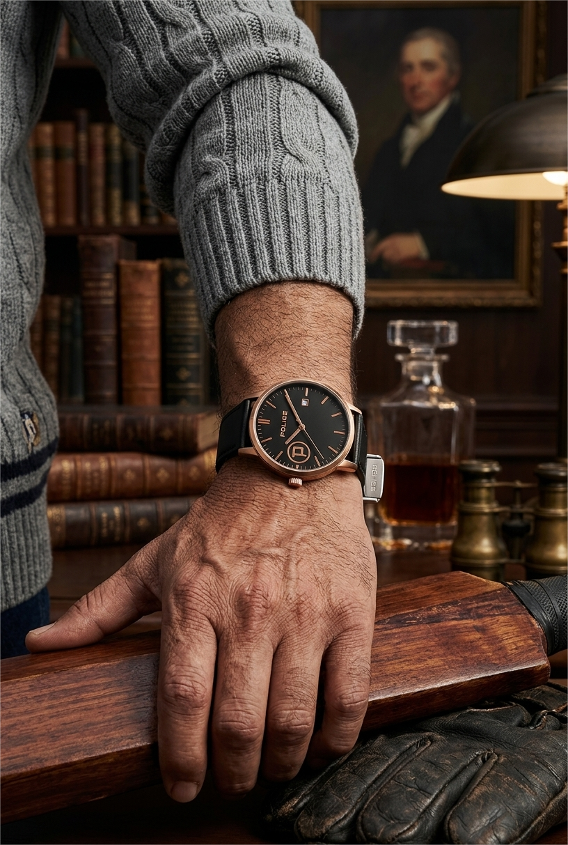 Police Watch – Elegant Design with Date Display | Leather Strap | Quartz Movement | Water Resistant - Black Strap with Black Dial OLD Money
